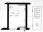 Plan of one of the prison cells in Breendonck.

The original caption reads"Note the bed on the right which is held in position by metal rod and lowered from the outside of the cell -- it was lowered at 2000 hrs.