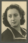 Studio portrait of Elly Rodrigues taken after the war and inscribed to her loving brother.