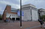 View of Eisenhower Plaza decorated with 10th anniversary banners on the flag pole at the United States Holocaust Memorial Museum on the day of its10th anniversary.