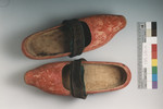 A pair of red wooden clogs similar to those worn by most residents of Le Chambon-sur-Lignon, France, as the war wore on and shoes became harder to come by.